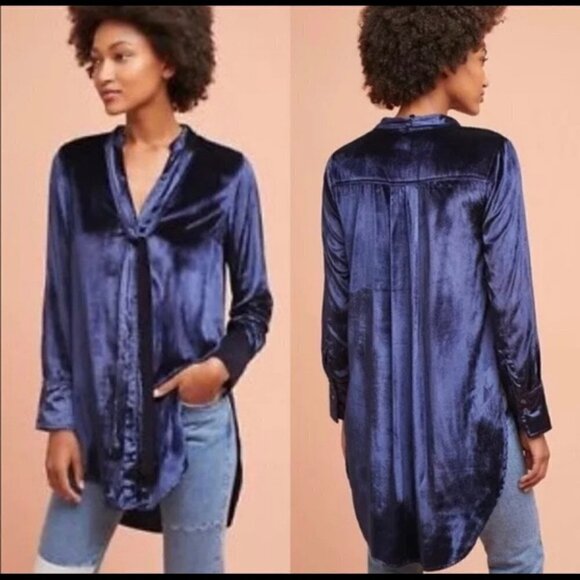 Anthropologie Maeve Blue Crushed Velvet Tie Neck Shirt REGENCYCORE - Picture 1 of 8
